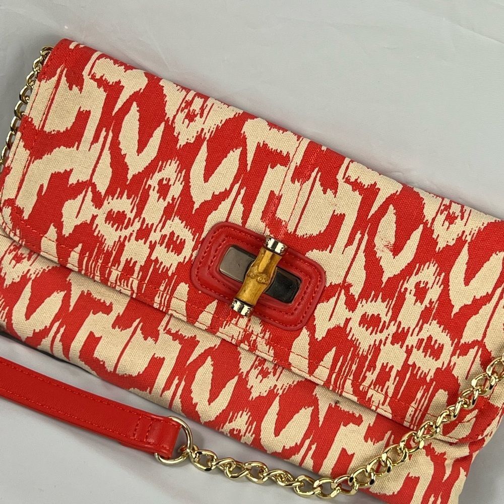 Chico’s orange/white chain flap bamboo turn lock clutch shoulder bag purse NEW - Picture 2 of 11